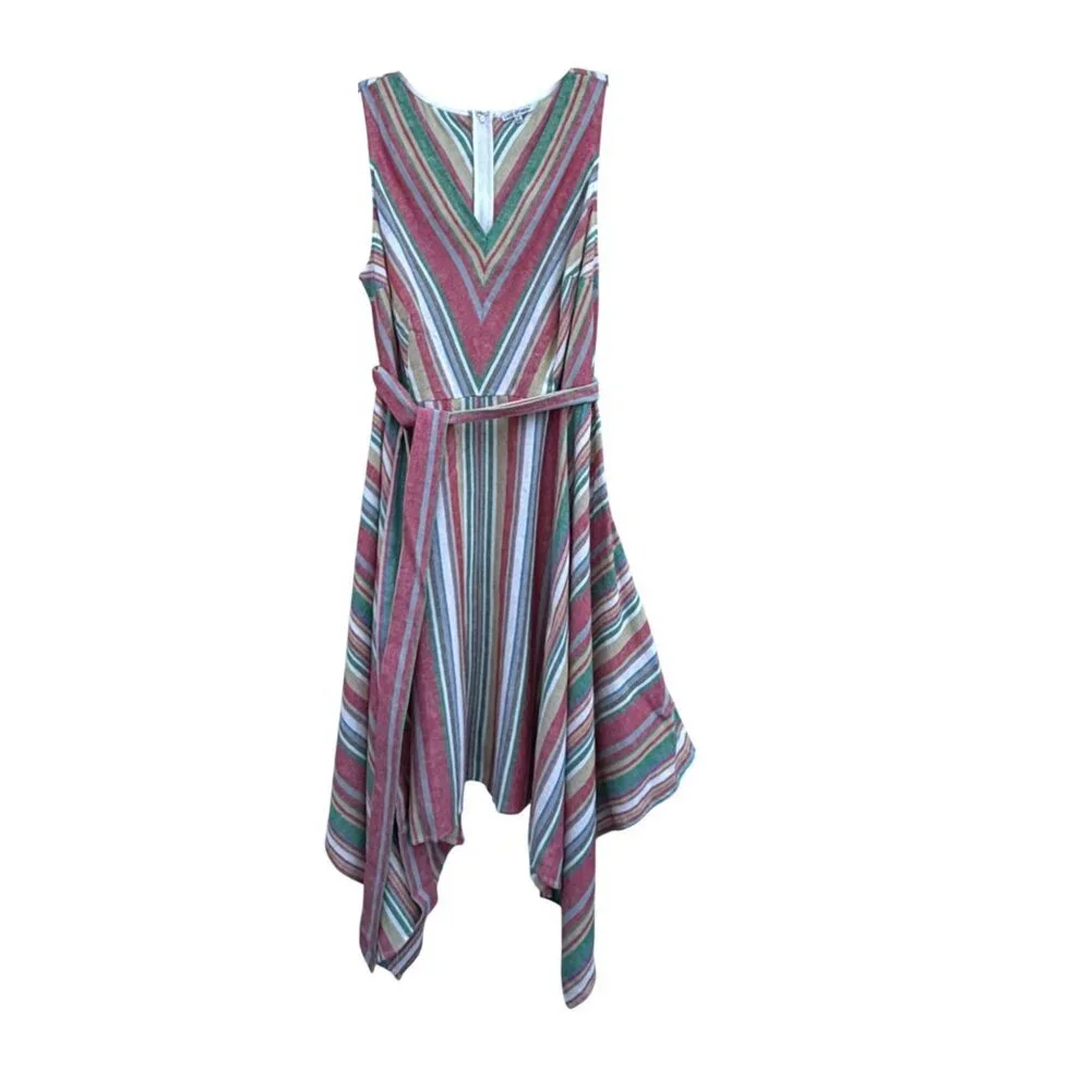Linen Blend Sundress 1X Asymmetric Picnic Stripe Flowy Cottage